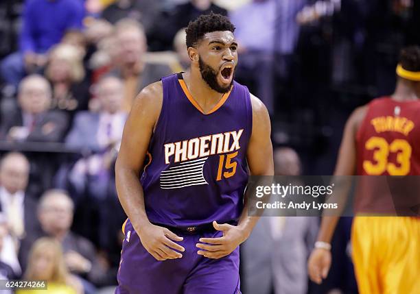 Alan Williams of the Phoenix Suns celebrates during the game against the Indiana Pacers at Bankers Life Fieldhouse on November 18, 2016 in...