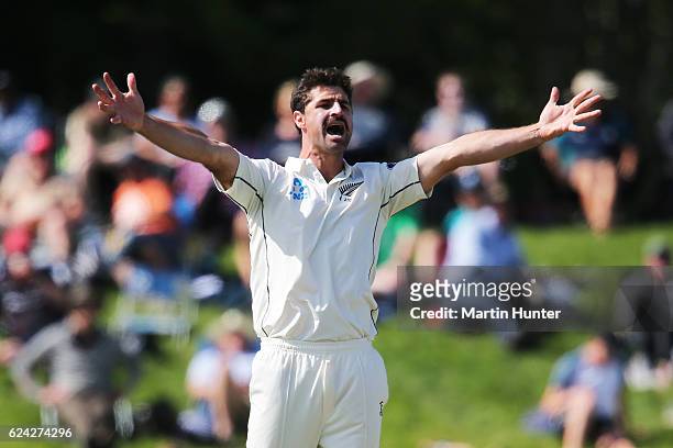 Colin de Grandhomme of New Zealand appeals for a wicket during day three of the First Test between New Zealand and Pakistan at Hagley Oval on...