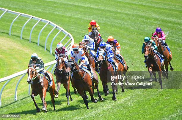 Luke Nolen riding Despatch turns into the home straight before winning Race 4, Magic Million 2yo Clockwise Classic during Ballarat Cup day at...