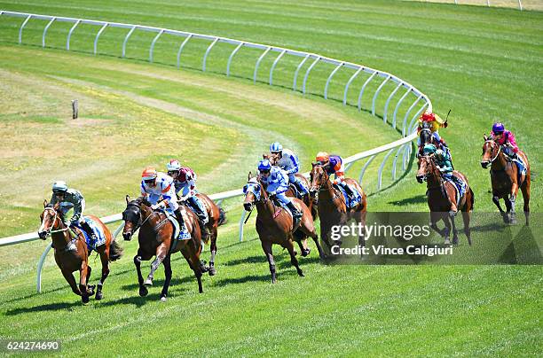 Luke Nolen riding Despatch turns into the home straight before winning Race 4, Magic Million 2yo Clockwise Classic during Ballarat Cup day at...