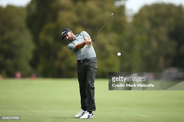 Geoff Ogilvy of Australia hits his second shot on the 16th hole during day three of the Australian golf Open at Royal Sydney GC at Royal Sydney Golf...