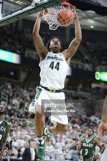 Nick Ward of the Michigan State Spartans dunks during the game against the Mississippi Valley State Delta Devils at the Breslin Center on November...