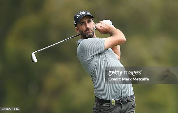 Geoff Ogilvy of Australia hits his second shot on the 16th hole during day three of the Australian golf Open at Royal Sydney GC at Royal Sydney Golf...