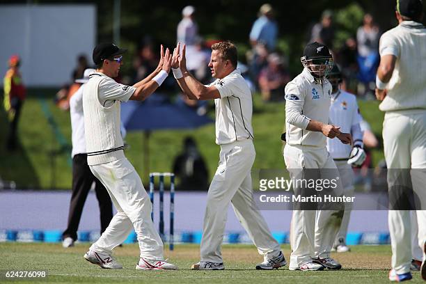 Neil Wagner of New Zealand celebrates the wicket of Younis Khan of Pakistan during day three of the First Test between New Zealand and Pakistan at...
