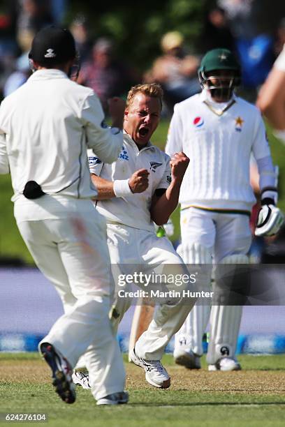 Neil Wagner of New Zealand celebrates the wicket of Younis Khan of Pakistan during day three of the First Test between New Zealand and Pakistan at...