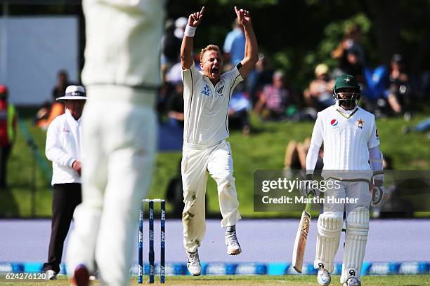 Neil Wagner of New Zealand celebrates the wicket of Younis Khan of Pakistan during day three of the First Test between New Zealand and Pakistan at...