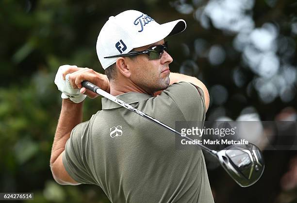Adam Scott of Australia hits his tee shot on the 2nd hole during day three of the Australian golf Open at Royal Sydney GC at Royal Sydney Golf Club...