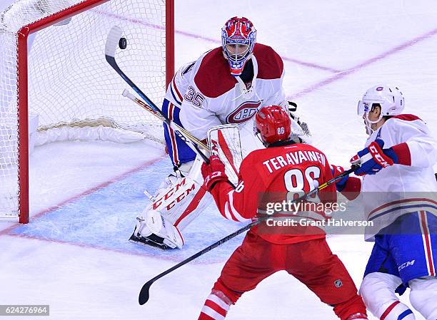 Al Montoya of the Montreal Canadiens gives up the game-wining goal to Teuvo Teravainen of the Carolina Hurricanes during the third period of the game...