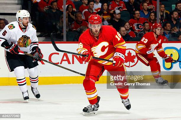 Linden Vey of the Calgary Flames skates against the Chicago Blackhawks during an NHL game on November 18, 2016 at the Scotiabank Saddledome in...