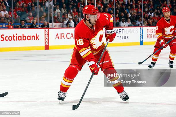 Linden Vey of the Calgary Flames skates against the Chicago Blackhawks during an NHL game on November 18, 2016 at the Scotiabank Saddledome in...