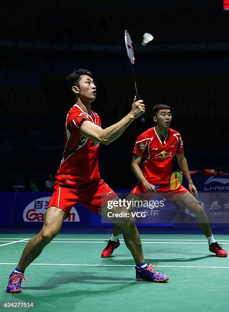 Chai Biao of China and Hong Wei of China compete against M Kolding of Denmark and M Conrad-petersen of Denmark during men's doubles quarter-final...