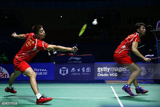 Chai Biao of China and Hong Wei of China compete against M Kolding of Denmark and M Conrad-petersen of Denmark during men's doubles quarter-final...