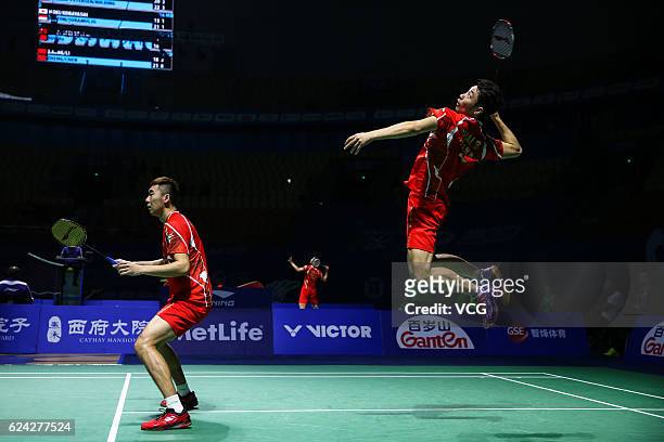 Chai Biao of China and Hong Wei of China compete against M Kolding of Denmark and M Conrad-petersen of Denmark during men's doubles quarter-final...