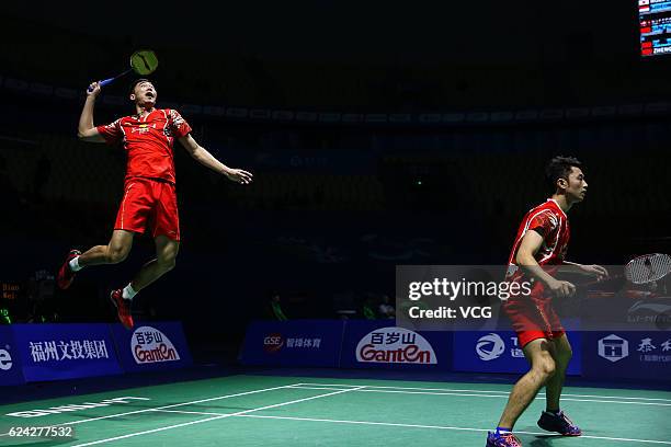 Chai Biao of China and Hong Wei of China compete against M Kolding of Denmark and M Conrad-petersen of Denmark during men's doubles quarter-final...