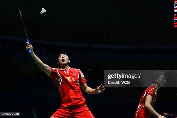 Chai Biao of China and Hong Wei of China compete against M Kolding of Denmark and M Conrad-petersen of Denmark during men's doubles quarter-final...