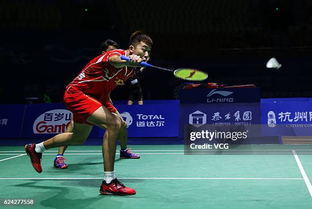 Chai Biao of China and Hong Wei of China compete against M Kolding of Denmark and M Conrad-petersen of Denmark during men's doubles quarter-final...