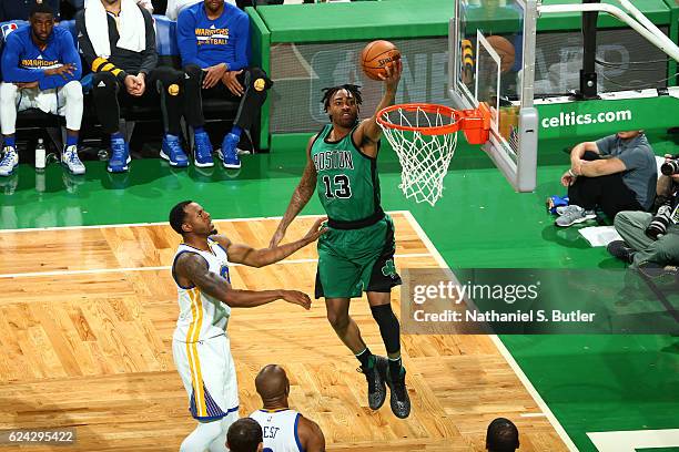 November 18: James Young of the Boston Celtics goes up for a lay up during a game against the Golden State Warriors on November 18, 2016 at TD Garden...