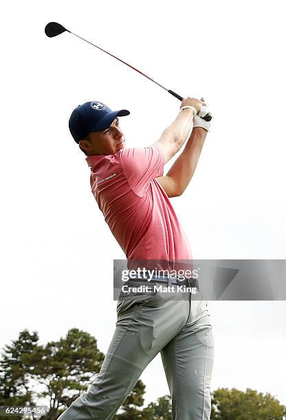 Jordan Spieth of the United States plays his fairway shot on the 16th hole during day three of the Australian Open at Royal Sydney Golf Club on...