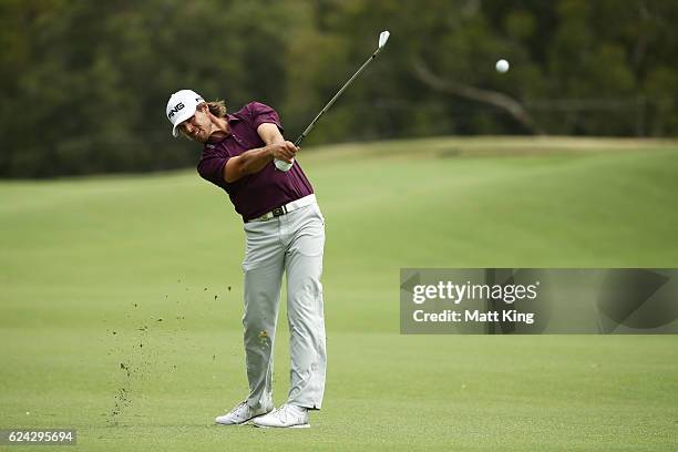 Aaron Baddeley of Australia plays his fairway shot on the 16th hole during day three of the Australian Open at Royal Sydney Golf Club on November 19,...