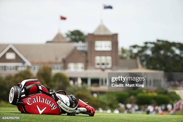 The bag of Peter Lonard of Australia sits on the first green during day three of the Australian Open at Royal Sydney Golf Club on November 19, 2016...