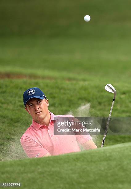 Jordan Spieth of the United States plays a bunker shot on the 16th hole during day three of the Australian golf Open at Royal Sydney GC at Royal...