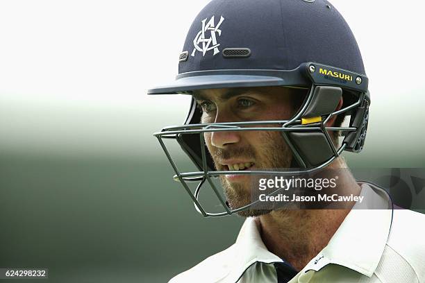 Glenn Maxwell of the Bushrangers walks back to the pavilion after being dismissed by Steve O'Keefe of the Blues during day three of the Sheffield...