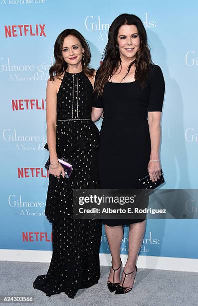 Actors Alexis Bledel and Lauren Graham attend the premiere of Netflix's "Gilmore Girls: A Year In The Life" at the Regency Bruin Theatre on November...