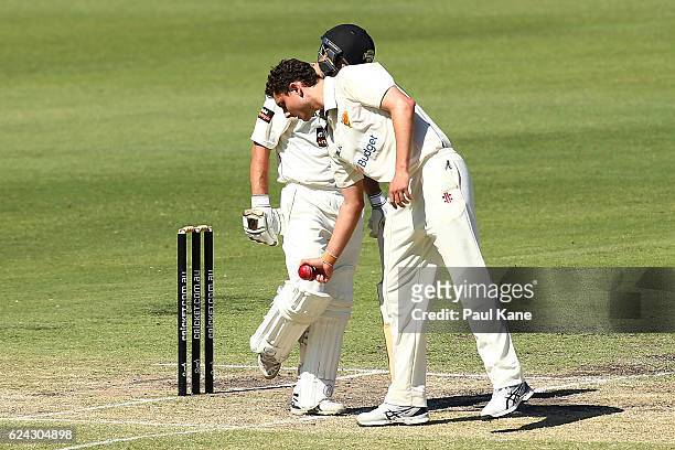 Simon Milenko of Tasmania retieves the ball wedged in the pad of Jonathan Wells of Western Australia during day three of the Sheffield Shield match...