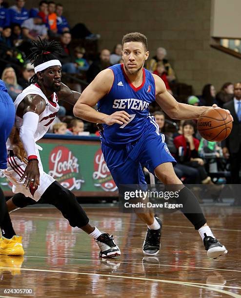 Brandon Triche of the Delaware 87ers handles the ball against Briante Weber from the Sioux Falls Skyforce at the Sanford Pentagon November 18, 2016...