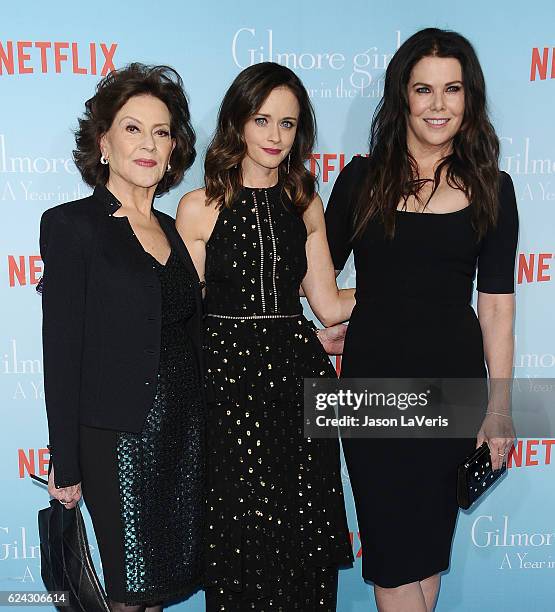 Actresses Kelly Bishop, Alexis Bledel and Lauren Graham attend the premiere of "Gilmore Girls: A Year in the Life" at Regency Bruin Theatre on...