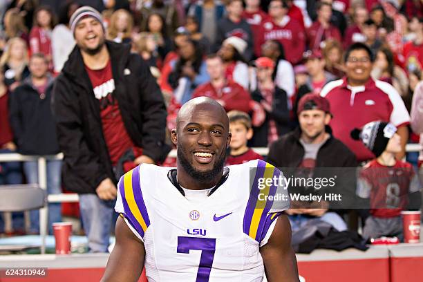 Leonard Fournette of the LSU Tigers jokes with fans before a game against the Arkansas Razorbacks at Razorback Stadium on November 12, 2016 in...