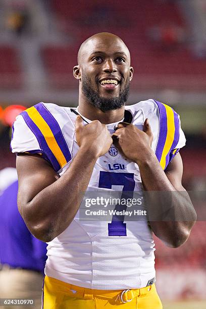 Leonard Fournette of the LSU Tigers on the sidelines during a game against the Arkansas Razorbacks at Razorback Stadium on November 12, 2016 in...