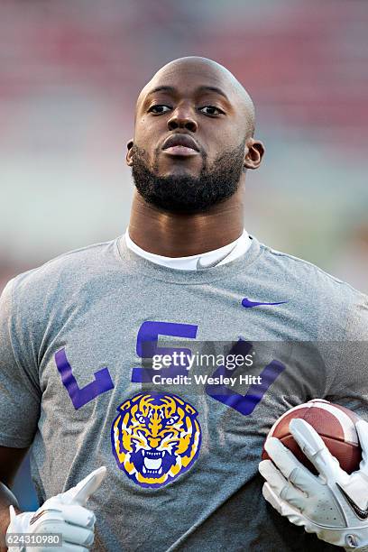 Leonard Fournette of the LSU Tigers warming up before a game against the Arkansas Razorbacks at Razorback Stadium on November 12, 2016 in...