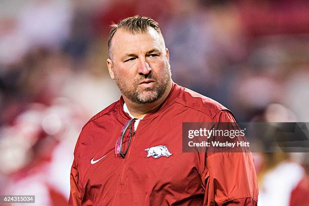 Dow Razorback Head Coach Bret Bielema of the Arkansas Razorbacks on the field... News ...