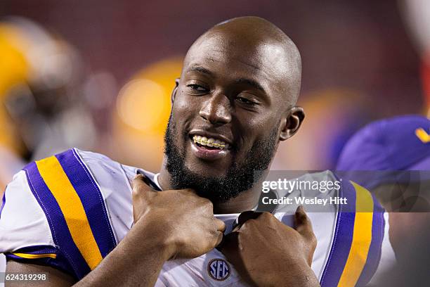 Leonard Fournette of the LSU Tigers on the sidelines during a game against the Arkansas Razorbacks at Razorback Stadium on November 12, 2016 in...