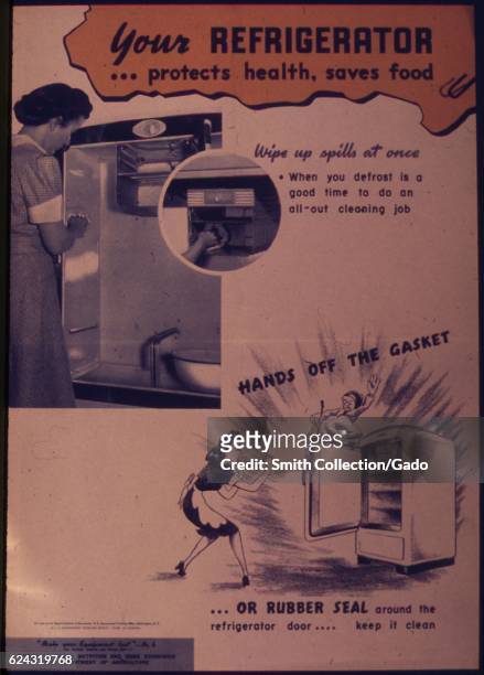 An advertisement poster during World War II depicting two women in aprons and dresses by their refrigerators, emphasizing these appliances' ability...