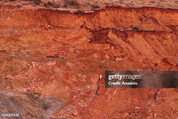 Search and rescue team work at the disaster site on the second day after a landslide caused a collapse at the private "Madenkoy copper mine" in...