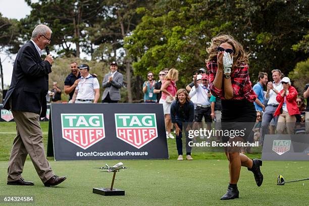Torah Bright after teeing-off straight into a cameraman at the Tag Heuer Hole In One Challenge at the Royal Sydney Golf Club on November 19, 2016 in...