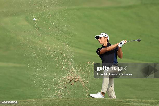 Joakim Lagergren of Sweden hits his third shot on the 2nd hole during day three of the DP World Tour Championship at Jumeirah Golf Estates on...