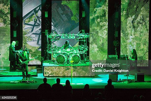 Musicians Jordan Rudess, John Myung, Mike Mangini, and John Petrucci of Dream Theater perform on stage at Pechanga Casino on November 18, 2016 in...