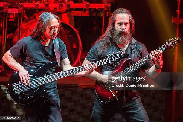 Musicians John Myung and John Petrucci of Dream Theater perform on stage at Pechanga Casino on November 18, 2016 in Temecula, California.