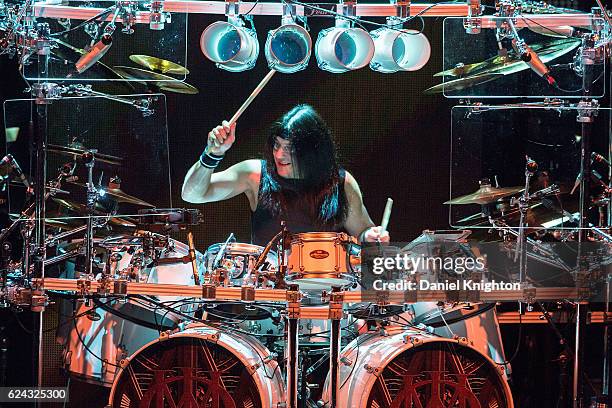 Drummer Mike Mangini of Dream Theater performs on stage at Pechanga Casino on November 18, 2016 in Temecula, California.