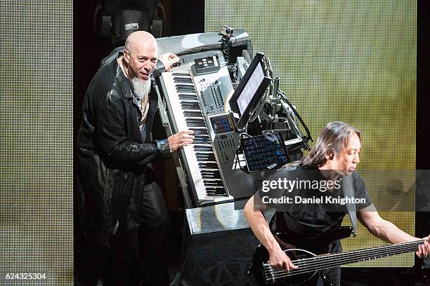 Musicians Jordan Rudess and John Myung of Dream Theater perform on stage at Pechanga Casino on November 18, 2016 in Temecula, California.