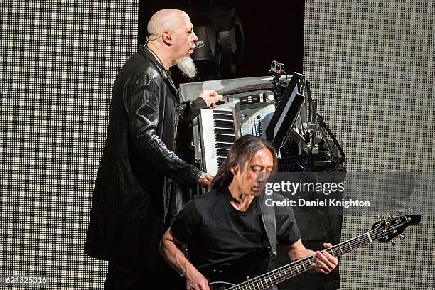 Musicians Jordan Rudess and John Myung of Dream Theater perform on stage at Pechanga Casino on November 18, 2016 in Temecula, California.