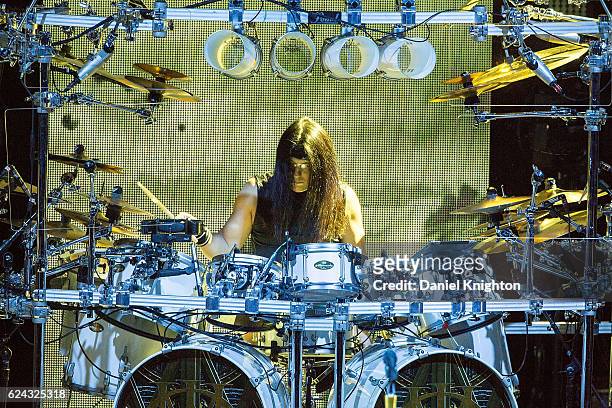 Drummer Mike Mangini of Dream Theater performs on stage at Pechanga Casino on November 18, 2016 in Temecula, California.