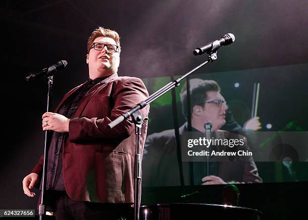 American singer Jordan Smith performs on stage at Abbotsford Entertainment and Sports Centre on November 18, 2016 in Abbotsford, Canada.