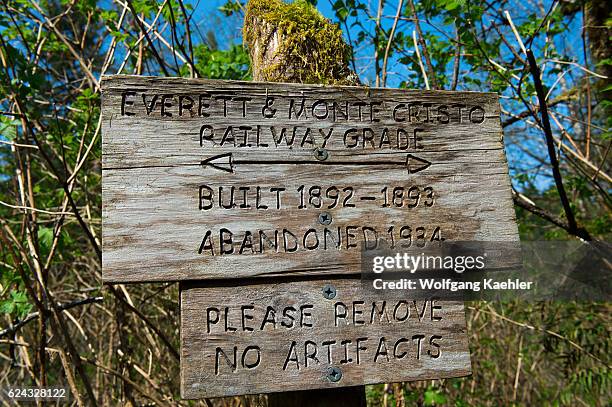 One of the signs on the Lime Kiln Trail near Granite Falls, Washington State, USA, which is partially carved out of the Everett & Monte Cristo...