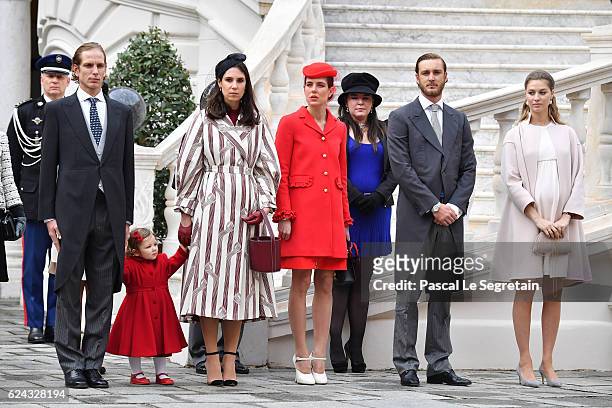 Andrea Casiraghi, his daughter India,Tatiana Santo Domingo,Charlotte Casiraghi,a guest, Pierre Casiraghi and Beatrice Borromeo attend the Monaco...