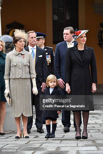 Princess Caroline of Hanover, Sacha Casiraghi and Princess Charlene of Monaco attend the Monaco National Day Celebrations in the Monaco Palace...