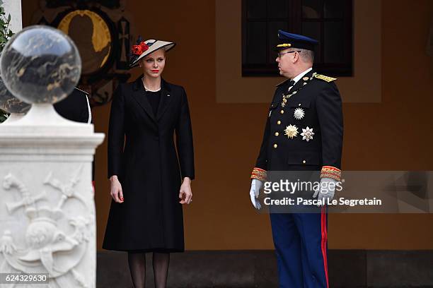 Princess Charlene of Monaco and Prince Albert II of Monaco attend the Monaco National Day Celebrations in the Monaco Palace Courtyard on November 19,...